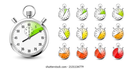 Realistic classic stopwatch icons. Shiny metal chronometer, time counter with dial. Red countdown timer showing minutes and seconds. Time measurement for sport, start and finish. Vector illustration