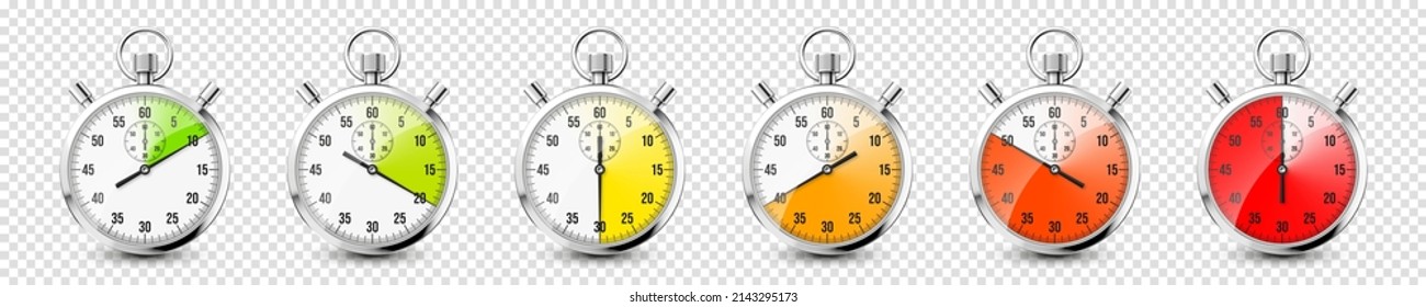 Realistic classic stopwatch icons. Shiny metal chronometer, time counter with dial. Red countdown timer showing minutes and seconds. Time measurement for sport, start and finish. Vector illustration