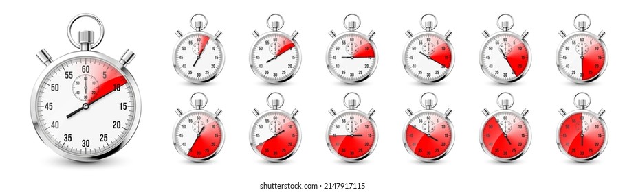 Realistic classic stopwatch icons. Shiny metal chronometer, time counter with dial. Red countdown timer showing minutes and seconds. Time measurement for sport, start and finish. Vector illustration