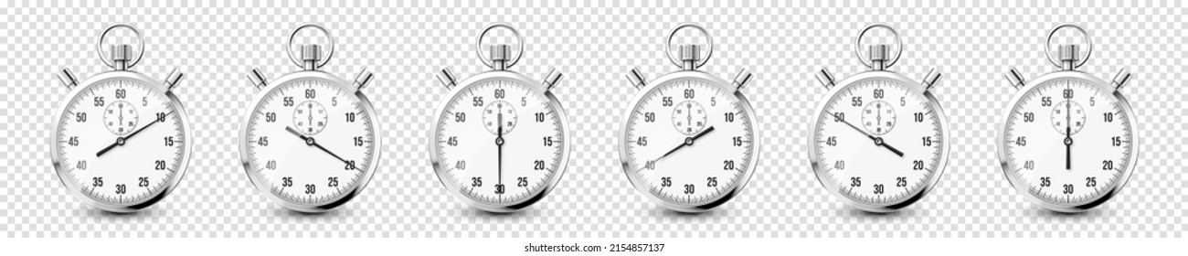 Realistic classic stopwatch icons. Shiny metal chronometer, time counter with dial. Countdown timer showing minutes and seconds. Time measurement for sport, start and finish. Vector illustration