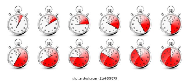 Realistic classic stopwatch icons. Shiny metal chronometer, time counter with dial. Red countdown timer showing minutes and seconds. Time measurement for sport, start and finish. Vector illustration