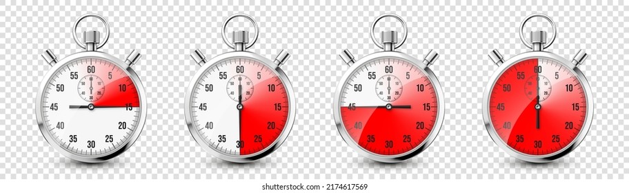 Realistic classic stopwatch icons. Shiny metal chronometer, time counter with dial. Red countdown timer showing minutes and seconds. Time measurement for sport, start and finish. Vector illustration