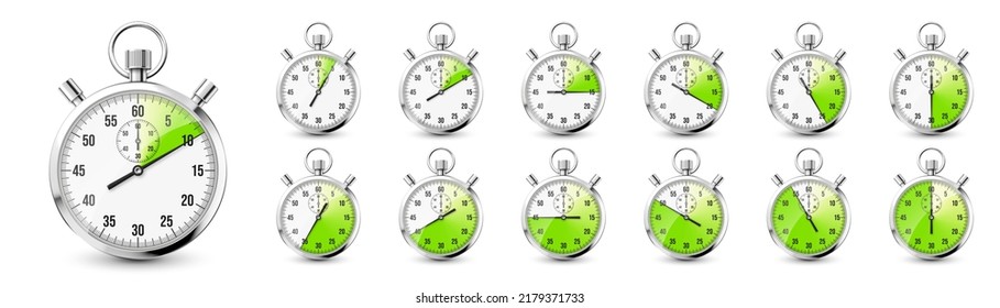 Realistic classic stopwatch icons. Shiny metal chronometer time counter with dial. Green countdown timer showing minutes and seconds. Time measurement for sport, start and finish. Vector illustration
