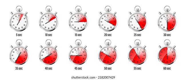 Realistic classic stopwatch icons. Shiny metal chronometer, time counter with dial. Red countdown timer showing minutes and seconds. Time measurement for sport, start and finish. Vector illustration