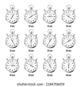 Realistic classic stopwatch icons. Shiny metal chronometer, time counter with dial. Countdown timer showing minutes and seconds. Time measurement for sport, start and finish. Vector illustration
