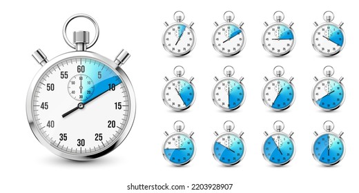 Realistic classic stopwatch icons. Shiny metal chronometer, time counter with dial. Blue countdown timer showing minutes and seconds. Time measurement for sport, start and finish. Vector illustration