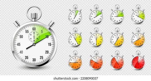 Realistic classic stopwatch icons. Shiny metal chronometer, time counter with dial. Red countdown timer showing minutes and seconds. Time measurement for sport, start and finish. Vector illustration