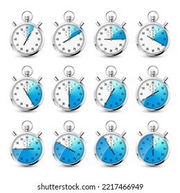 Realistic classic stopwatch icons. Shiny metal chronometer, time counter with dial. Blue countdown timer showing minutes and seconds. Time measurement for sport, start and finish. Vector illustration