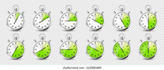 Iconos de cronómetro clásicos realistas. Contador de tiempo del cronómetro de metal brillante con dial. Temporizador de cuenta regresiva verde que muestra minutos y segundos. Medición del tiempo para deporte, inicio y fin. Ilustración del vector