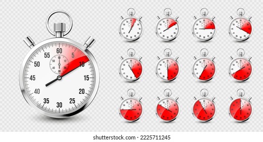 Realistic classic stopwatch icons. Shiny metal chronometer, time counter with dial. Red countdown timer showing minutes and seconds. Time measurement for sport, start and finish. Vector illustration