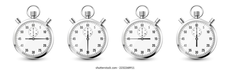 Iconos de cronómetro clásicos realistas. Cronómetro de metal brillante, contador de tiempo con dial. Temporizador de cuenta atrás que muestra minutos y segundos. Medición del tiempo para deporte, inicio y fin. Ilustración del vector