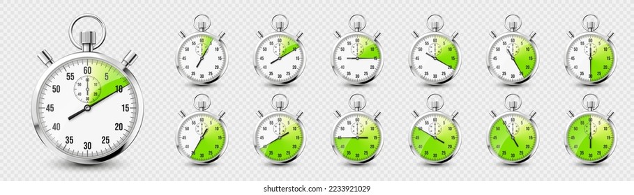 Realistic classic stopwatch icons. Shiny metal chronometer time counter with dial. Green countdown timer showing minutes and seconds. Time measurement for sport, start and finish. Vector illustration