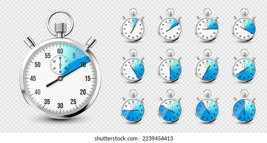 Realistic classic stopwatch icons. Shiny metal chronometer, time counter with dial. Blue countdown timer showing minutes and seconds. Time measurement for sport, start and finish. Vector illustration