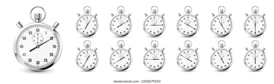 Realistic classic stopwatch icons. Shiny metal chronometer, time counter with dial. Countdown timer showing minutes and seconds. Time measurement for sport, start and finish. Vector illustration