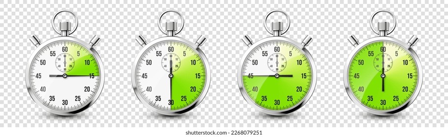 Realistic classic stopwatch icons. Shiny metal chronometer time counter with dial. Green countdown timer showing minutes and seconds. Time measurement for sport, start and finish. Vector illustration