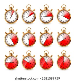 Realistic classic stopwatch. Shiny golden metal chronometer, time counter with dial. Red countdown timer showing minutes and seconds. Time measurement for sport, start, finish. Vector illustration