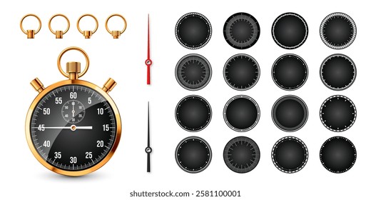 Realistic classic stopwatch. Shiny golden metal chronometer, time counter with dial. Countdown timer showing minutes and seconds. Time measurement for sport, start, finish. Vector illustration