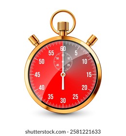 Realistic classic stopwatch. Shiny golden metal chronometer, time counter with dial. Red countdown timer showing minutes and seconds. Time measurement for sport, start, finish. Vector illustration