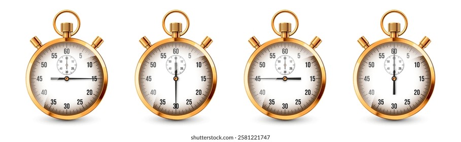 Realistic classic stopwatch. Shiny golden metal chronometer, time counter with dial. Countdown timer showing minutes and seconds. Time measurement for sport, start, finish. Vector illustration