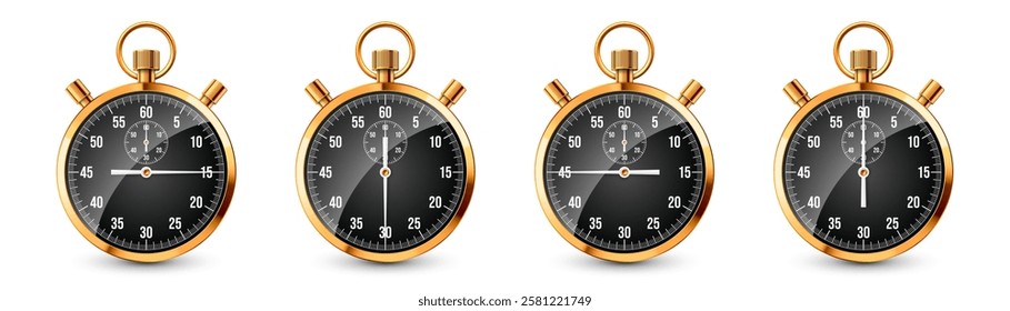 Realistic classic stopwatch. Shiny golden metal chronometer, time counter with dial. Countdown timer showing minutes and seconds. Time measurement for sport, start, finish. Vector illustration