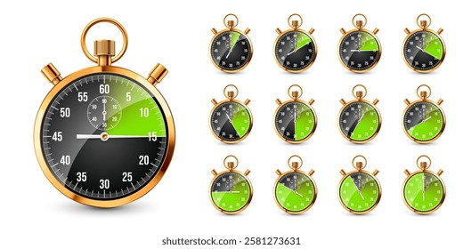 Realistic classic stopwatch. Shiny golden metal chronometer, time counter with dial. Green countdown timer showing minutes and seconds. Time measurement for sport, start, finish. Vector illustration