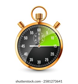 Realistic classic stopwatch. Shiny golden metal chronometer, time counter with dial. Green countdown timer showing minutes and seconds. Time measurement for sport, start, finish. Vector illustration