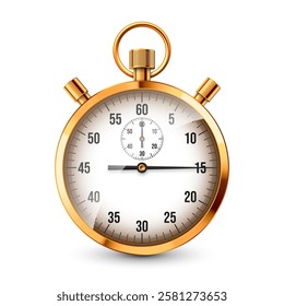 Realistic classic stopwatch. Shiny golden metal chronometer, time counter with dial. Countdown timer showing minutes and seconds. Time measurement for sport, start, finish. Vector illustration