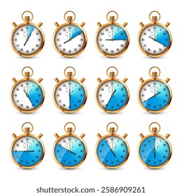 Realistic classic stopwatch. Shiny golden metal chronometer, time counter with dial. Blue countdown timer showing minutes and seconds. Time measurement for sport, start, finish. Vector illustration