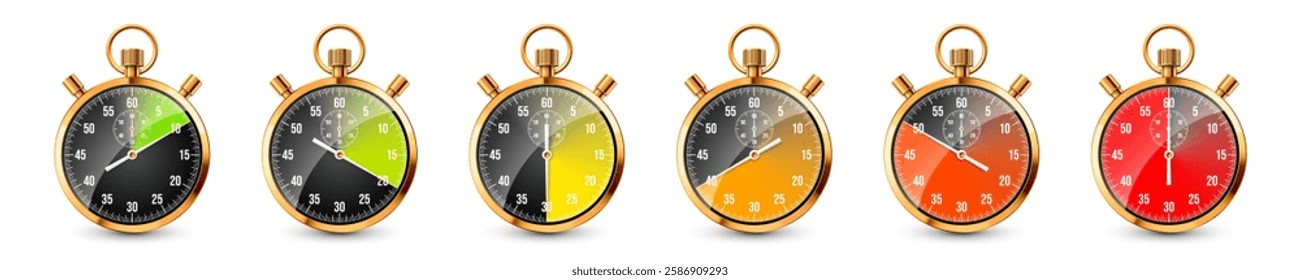 Realistic classic stopwatch. Shiny golden metal chronometer, time counter with dial. Colorful countdown timer showing minutes, seconds. Time measurement for sport, start, finish. Vector illustration