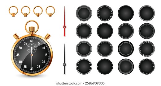 Realistic classic stopwatch. Shiny golden metal chronometer, time counter with dial. Countdown timer showing minutes and seconds. Time measurement for sport, start, finish. Vector illustration