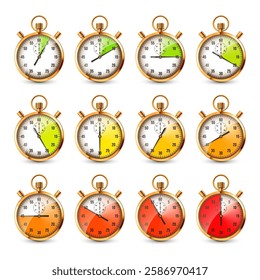 Realistic classic stopwatch. Shiny golden metal chronometer, time counter with dial. Colorful countdown timer showing minutes, seconds. Time measurement for sport, start, finish. Vector illustration