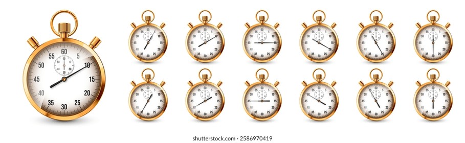 Realistic classic stopwatch. Shiny golden metal chronometer, time counter with dial. Countdown timer showing minutes and seconds. Time measurement for sport, start, finish. Vector illustration