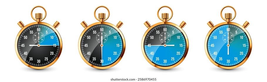 Realistic classic stopwatch. Shiny golden metal chronometer, time counter with dial. Blue countdown timer showing minutes and seconds. Time measurement for sport, start, finish. Vector illustration