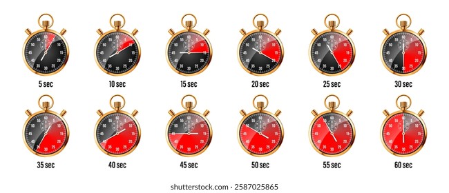 Realistic classic stopwatch. Shiny golden metal chronometer, time counter with dial. Red countdown timer showing minutes and seconds. Time measurement for sport, start, finish. Vector illustration