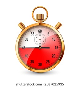 Realistic classic stopwatch. Shiny golden metal chronometer, time counter with dial. Red countdown timer showing minutes and seconds. Time measurement for sport, start, finish. Vector illustration