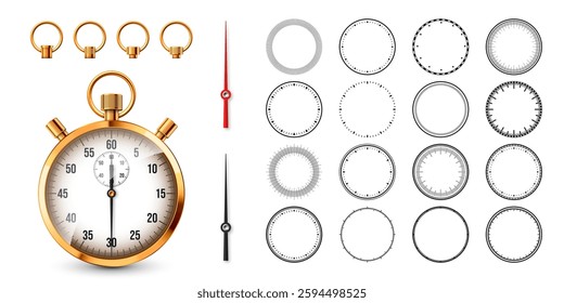 Realistic classic stopwatch. Shiny golden metal chronometer, time counter with dial. Countdown timer showing minutes and seconds. Time measurement for sport, start, finish. Vector illustration