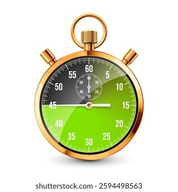 Realistic classic stopwatch. Shiny golden metal chronometer, time counter with dial. Green countdown timer showing minutes and seconds. Time measurement for sport, start, finish. Vector illustration