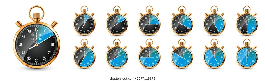 Realistic classic stopwatch. Shiny golden metal chronometer, time counter with dial. Blue countdown timer showing minutes and seconds. Time measurement for sport, start, finish. Vector illustration