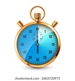 Realistic classic stopwatch. Shiny golden metal chronometer, time counter with dial. Blue countdown timer showing minutes and seconds. Time measurement for sport, start, finish. Vector illustration