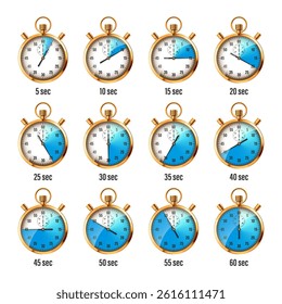 Realistic classic stopwatch. Shiny golden metal chronometer, time counter with dial. Blue countdown timer showing minutes and seconds. Time measurement for sport, start, finish. Vector illustration