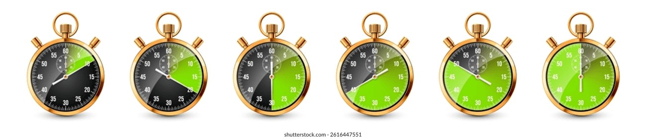 Realistic classic stopwatch. Shiny golden metal chronometer, time counter with dial. Green countdown timer showing minutes and seconds. Time measurement for sport, start, finish. Vector illustration