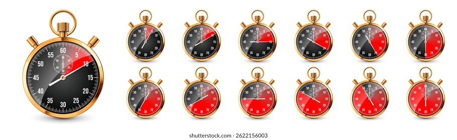 Realistic classic stopwatch. Shiny golden metal chronometer, time counter with dial. Red countdown timer showing minutes and seconds. Time measurement for sport, start, finish. Vector illustration