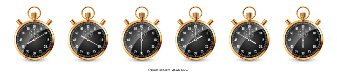 Realistic classic stopwatch. Shiny golden metal chronometer, time counter with dial. Countdown timer showing minutes and seconds. Time measurement for sport, start, finish. Vector illustration