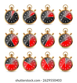Realistic classic stopwatch. Shiny golden metal chronometer, time counter with dial. Red countdown timer showing minutes and seconds. Time measurement for sport, start, finish. Vector illustration