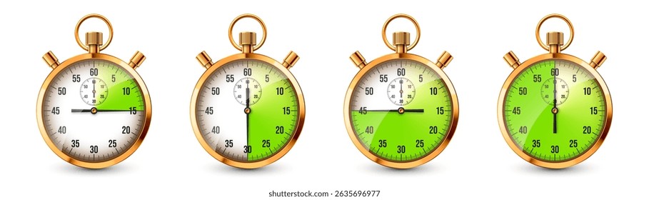 Realistic classic stopwatch. Shiny golden metal chronometer, time counter with dial. Green countdown timer showing minutes and seconds. Time measurement for sport, start, finish. Vector illustration