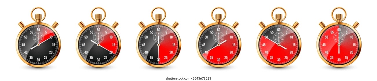 Realistic classic stopwatch. Shiny golden metal chronometer, time counter with dial. Red countdown timer showing minutes and seconds. Time measurement for sport, start, finish. Vector illustration