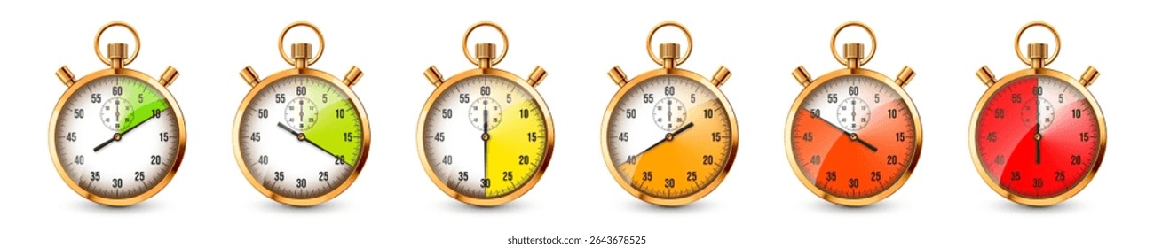 Realistic classic stopwatch. Shiny golden metal chronometer, time counter with dial. Colorful countdown timer showing minutes, seconds. Time measurement for sport, start, finish. Vector illustration