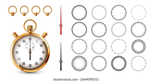 Realistic classic stopwatch. Shiny golden metal chronometer, time counter with dial. Countdown timer showing minutes and seconds. Time measurement for sport, start, finish. Vector illustration