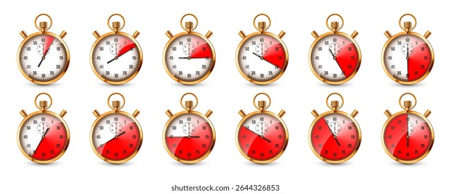 Realistic classic stopwatch. Shiny golden metal chronometer, time counter with dial. Red countdown timer showing minutes and seconds. Time measurement for sport, start, finish. Vector illustration