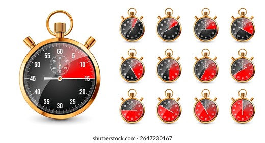 Realistic classic stopwatch. Shiny golden metal chronometer, time counter with dial. Red countdown timer showing minutes and seconds. Time measurement for sport, start, finish. Vector illustration